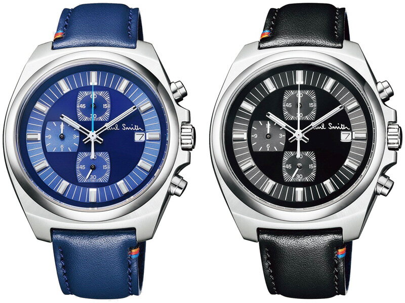 ポールスミス 腕時計 Paul Smith watchポールスミスウォッチ 腕時計ブラック ネイビーブルー 文字盤マスキュリンカッティングケースシルバーケース レザーストラップベルトアナログクロノグラフアーティストストライプカラーレザーベルト