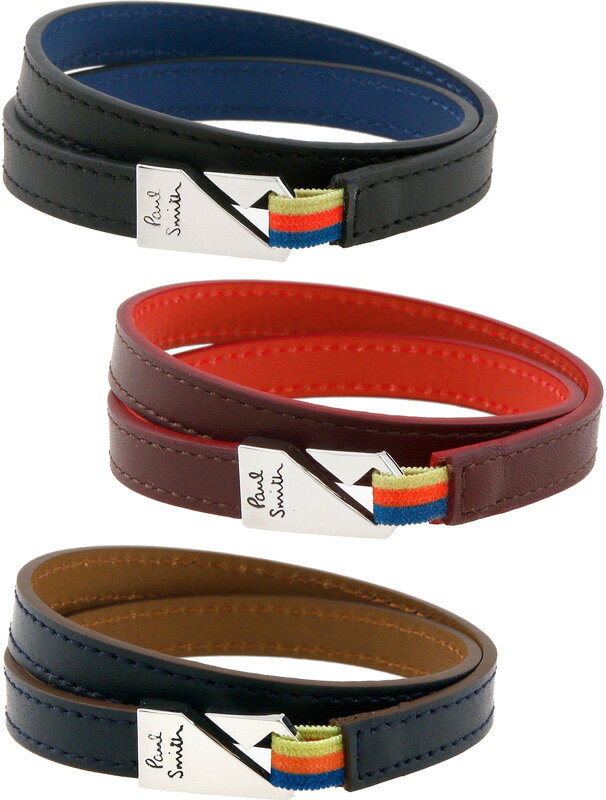 ポールスミス ブレスレット メンズ Paul Smith ポールスミスロゴ刻印ジッププルフック2連レザーブレスレットバイカラーコンビネーション アーティストストライプカラーループシルバー ネイビー ワインレッド ブラックコントラストカラーライニング 190NV570WI990