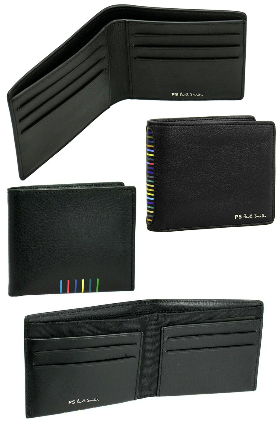 Paul Smith ポールスミス二つ折りカードケースメンズ2つ折り名刺入れ札入れ 名刺ケースCARD CASE 箔押しPSロゴブラック レッド×グリーン×イエロー×ブルー カードケース 札入れPSマルチカラーラインウォレット