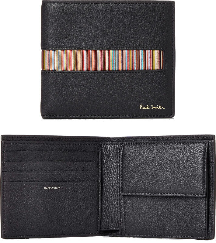 Paul Smith ポールスミス メンズ小銭入れ付き二つ折り財布ブラック×センターワイドマルチストライプインセットマルチカラー79BK箔押しロゴ2つ折財布 イタリア製コンパクトウォレット型押しカーフレザー 革