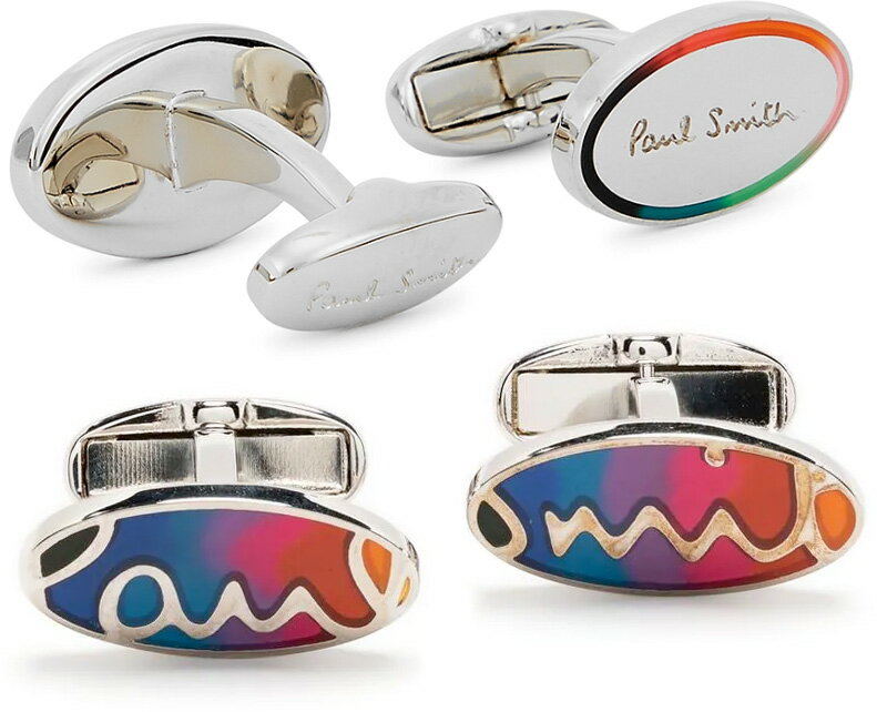 ポールスミス(カフス) Paul Smith ポールスミスカフスオーバルマルチチカラーストライプオレンジ×ブルー×レッド×イエロー系楕円ライン エナメルグラデーション立体ロゴスーツのジャケットから出るシャツの袖口のアクセサリージャケット アクセント メンズ