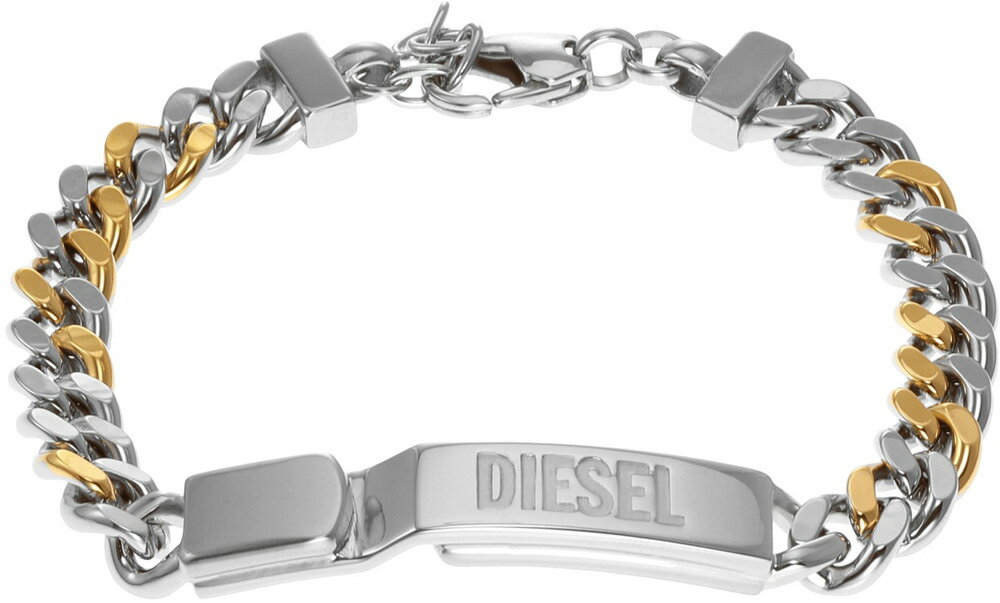 DIESEL ディーゼル男女兼用 メンズ レディース ツートーンシルバーブレスレットIDプレートブレスレットグレイビングロゴ ゴールド×ステンレスシルバーアクセサリー ロブスタークラスプクロージャーSILVERBRACELET