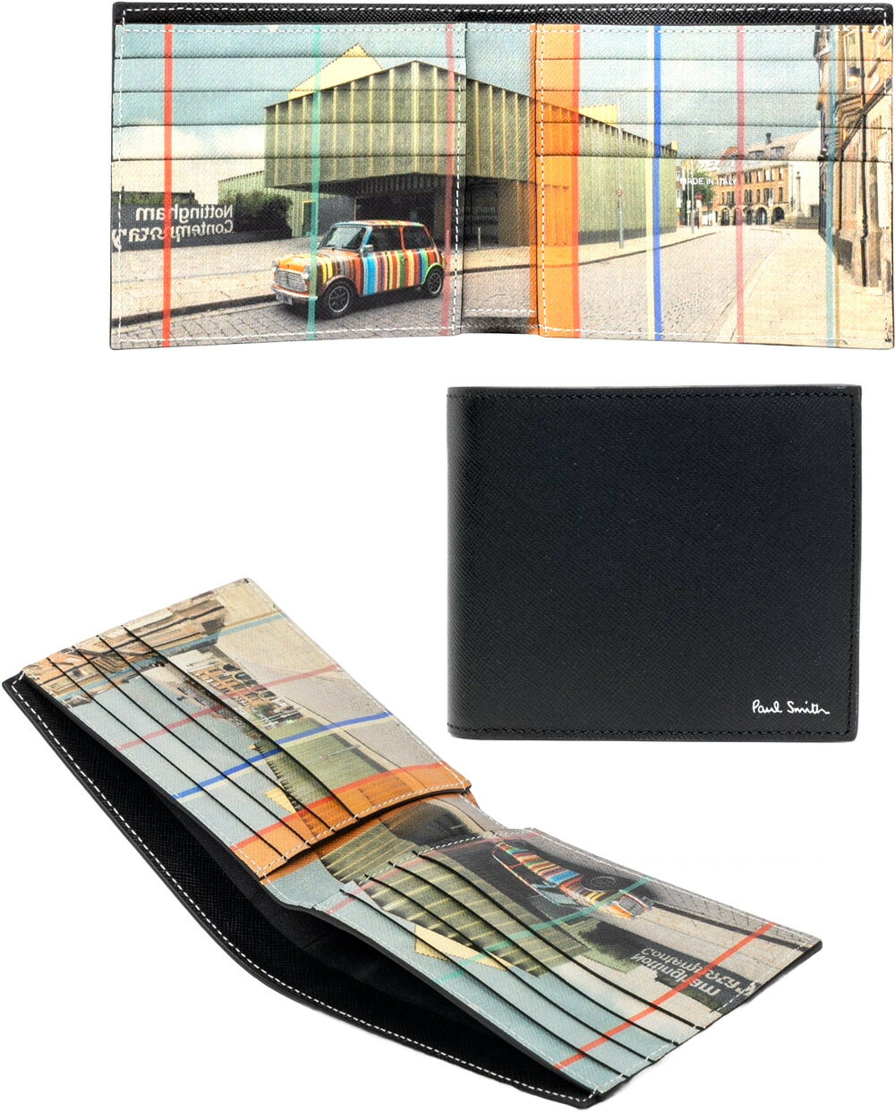 Paul Smith ポールスミス メンズ 二つ折り財布マルチカラーミニクーパーノッティンガムコンテンポラリーブラックカーフレザー 小銭入れ無し 2折財布カードウォレット グフィックプリント シルバー箔押しロゴ 79BK 英国 箔押し サイフ