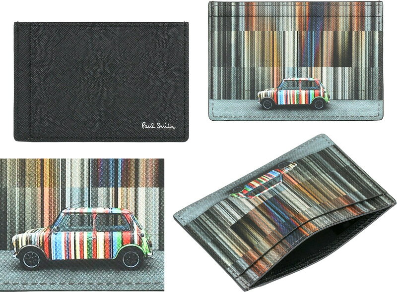Paul Smith ポールスミスクレジットカードケース 定期入れ パスケース 箔押しロゴ ICカードケースブラックカーフレザー メンズ レディースシグネチャーストライプミニクーパープリントサフィアーノ型押牛革 車マルチカラーストライプ