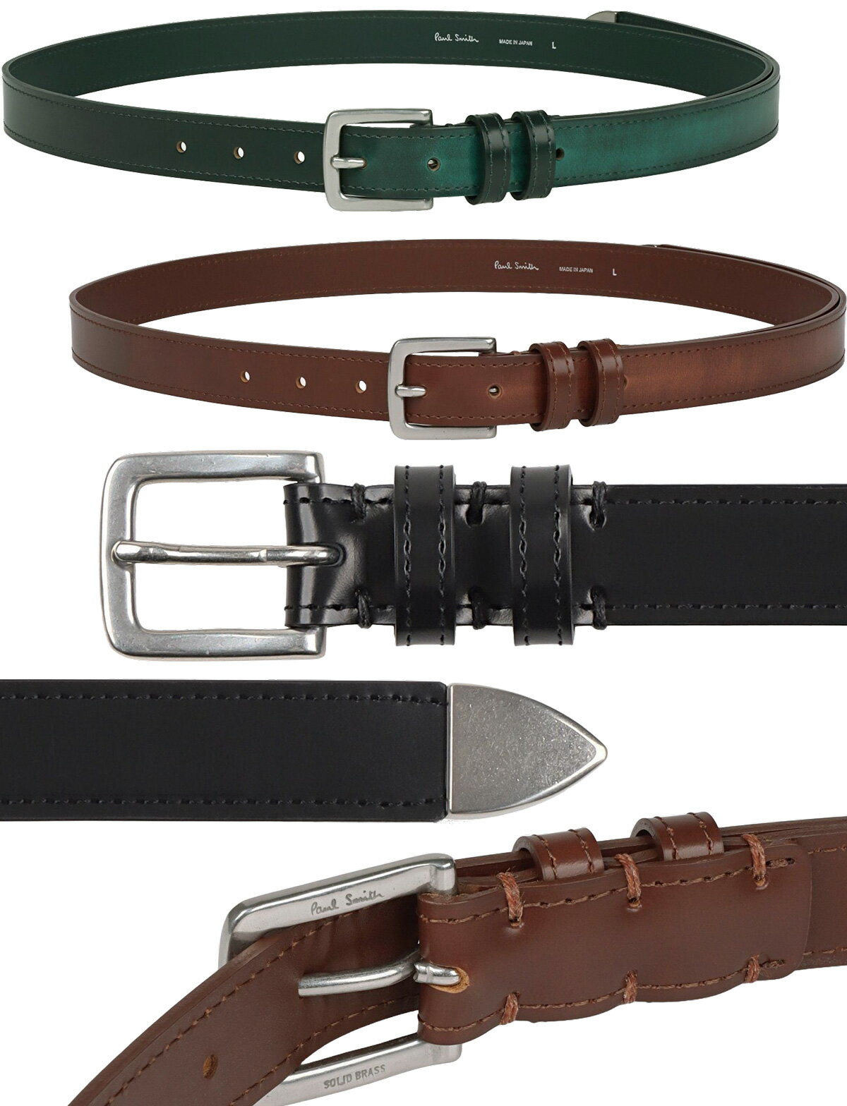 Paul Smith ポールスミストラスメタルパーツプンターレメンズレザーベルトブラック ダークブラウン プレートダークグリーングラデーションプンターレベルトスーツスタイル×カジュアルスタイル剣先に向かって明るくなるグラデーションカラーリング