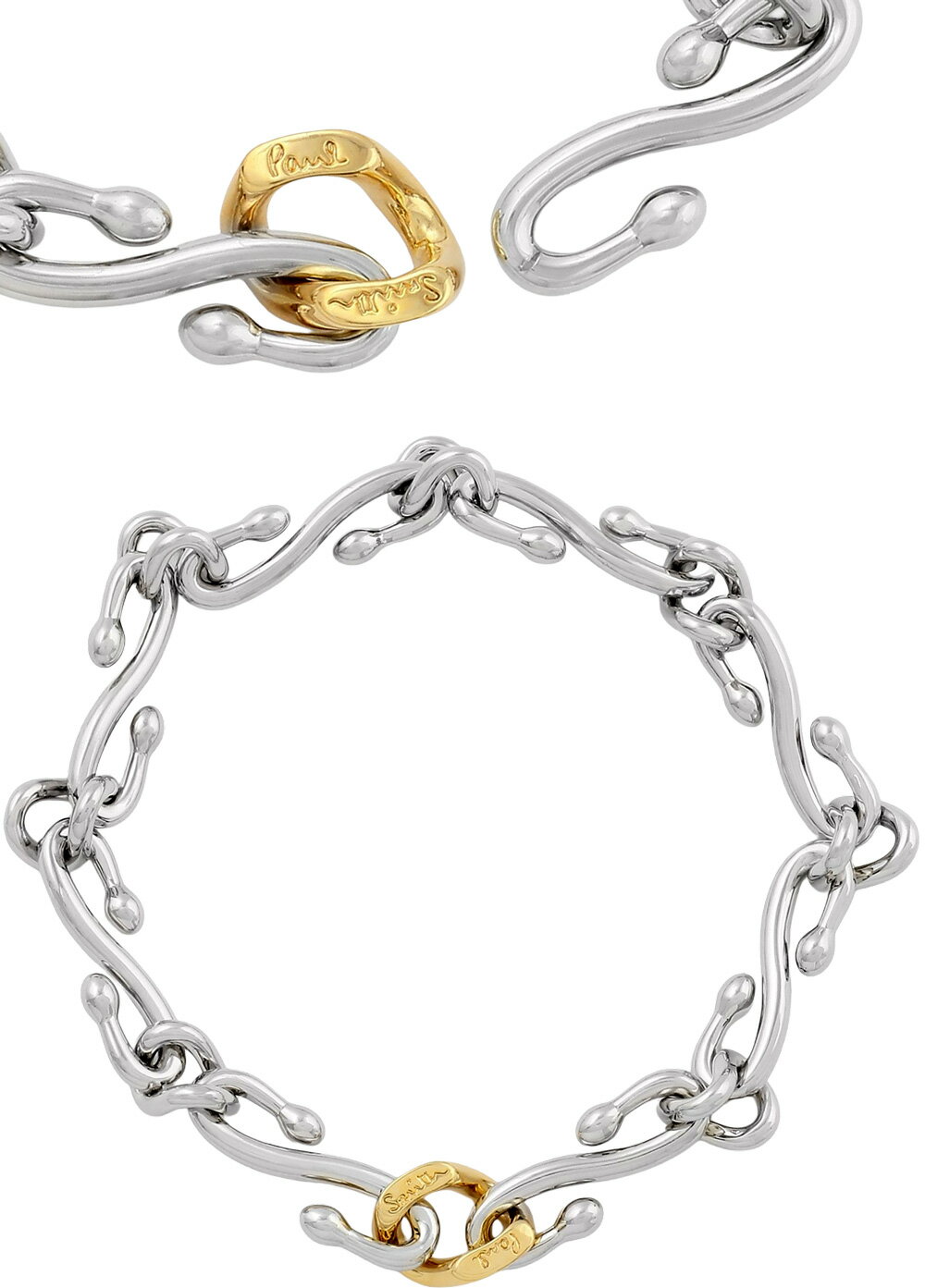 Paul Smith ポールスミス メンズ レディースロゴ刻印ゴールドリンク S字フックリングチャーム シルバーチェーンブレスレットゴージャス感溢れる存在感のあるアクセサリーギフトにもお勧め 男女兼用 手元を魅力的に演出