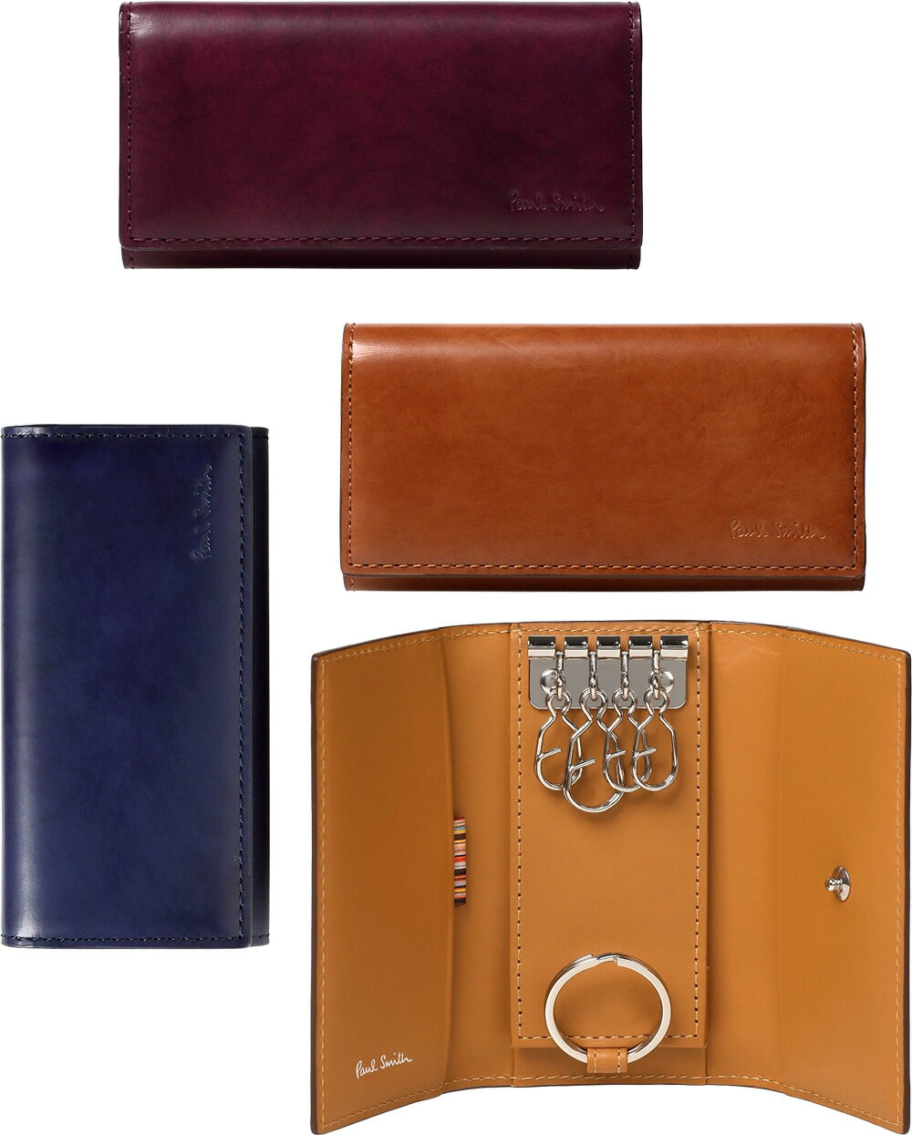 Paul Smith ポールスミスメンズ キーリング付き4連キーケース手染めアンチックレザー 箔押しロゴ キーホルダーシグネチャーストライプレザータブカラーコントラストインサイドダークネイビー ワインレッド ブラウンカーフスキンレザー