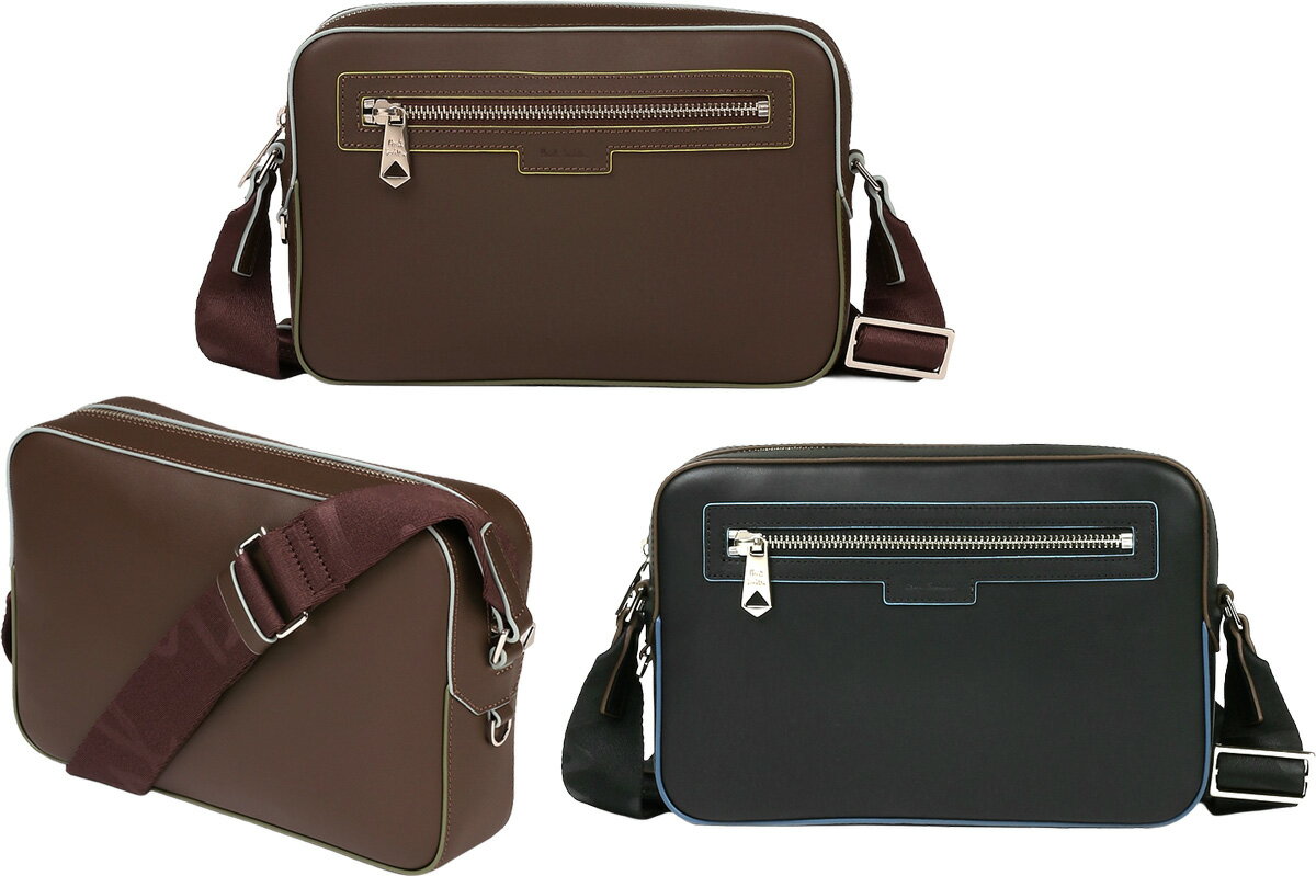 Paul Smith ポールスミス エンボスロゴメンズ レディース 斜めがけショルダーバッグカラーペイントエッジ フロントファスナーポケットブラック ダークブラウン イエロー ライトブルーミニメッセンジャーバッグリピートロゴショルダーストラップ