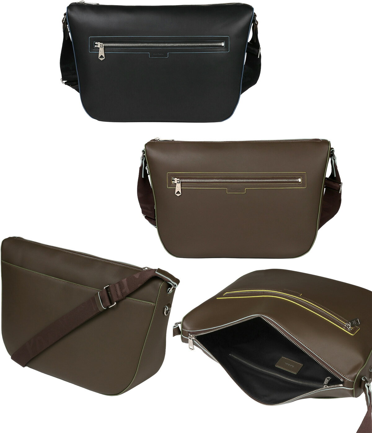 Paul Smith ポールスミス エンボスロゴメンズ レディース 斜めがけショルダーバッグカラーペイントエッジ フロントファスナーポケットメッセンジャーバッグ 肩掛け可能ブラック ダークブラウン イエロー ライトブルーリピートロゴショルダーストラップ(4)