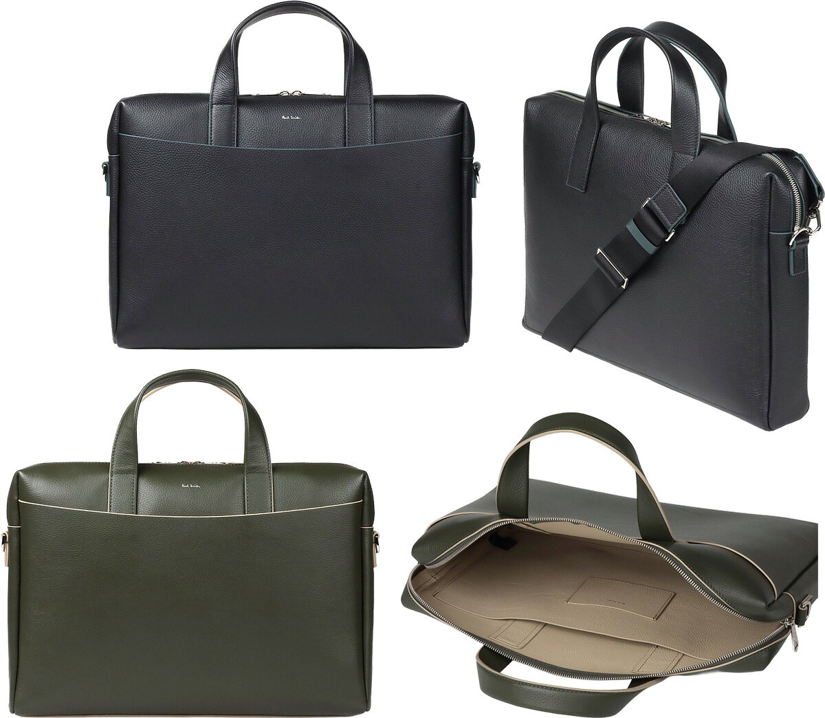 Paul Smith ポールスミス メンズ2WAY ビジネスバッグ ショルダーバッグ型押しレザー ブラック オリーブグリーン箔押しロゴ ダブルフェイス 新社会人 革鞄