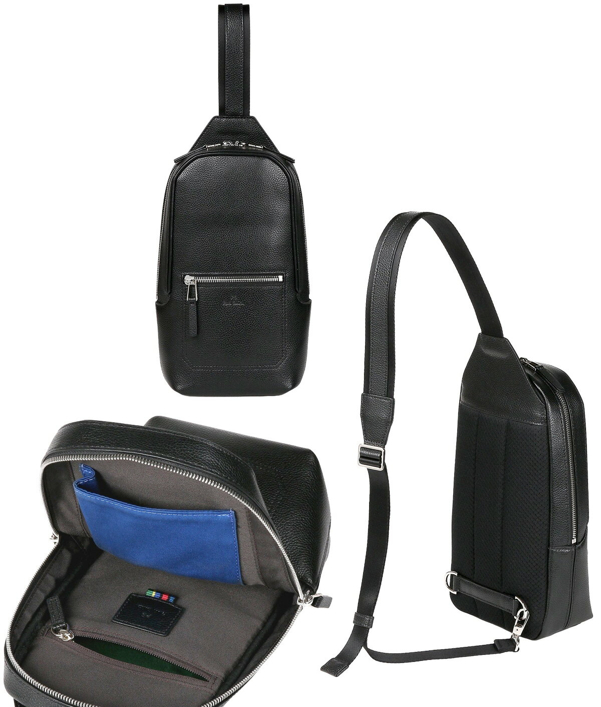 Paul Smith ポールスミス メンズ レディースフロントジップポケットボディバッグスプリットブラックレザーエンボスロゴインサイドブルーポケットマルチストライプタブスリングバッグ 床革ワンショルダーバッグ ボディーバッグ