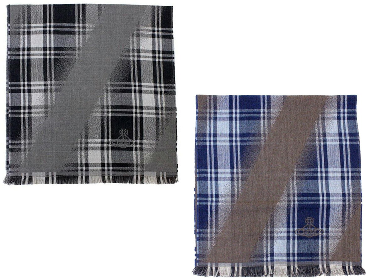 Vivienne Westwood ヴィヴィアンウエストウッドチャック柄に斜めにアクセントラインが入ったモデルオーブロゴ ウールマフラーストール スカーフmuffler scarfモノトーンブラック×ホワイト ネイビーブルー タータンチェック ストール