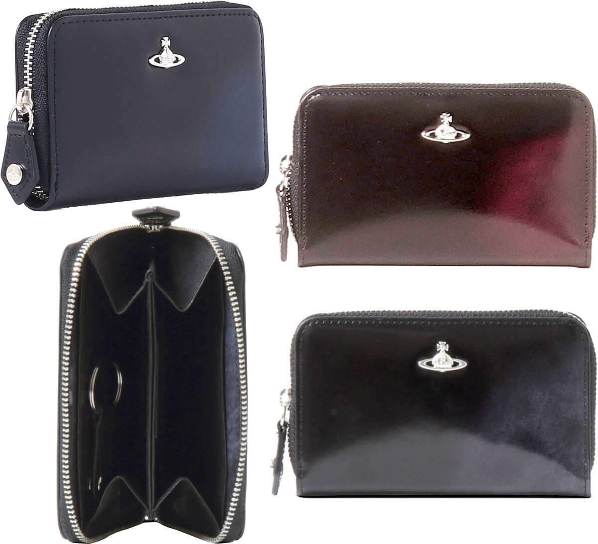 Vivienne Westwoodヴィヴィアンウエストウッドキーリング付きコインケースシルバーオーブプレート カーフレザーブラックグレー ワインレッド ネイビー...