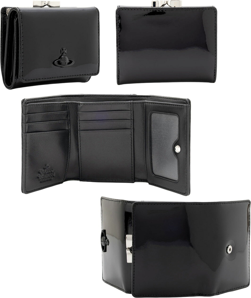 Vivienne Westwoodヴィヴィアンウエストウッドレディース メンズ がま口小銭入れ付き三つ折財布パテントコートフルグレインレザーブラック 立体オーブ...