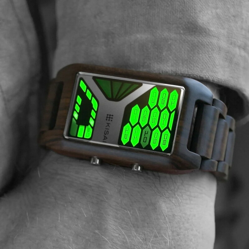 楽天kaminorth未来系LED腕時計ステンレスIPブラックコーティングケースメンズリストウォッチトリプルフェイス ステンレスボディグリーンLEDディスプレイアニメーションモード搭載ウッドフレーム バーガンディーレッド ブルーLED グリーンLED木製ケース