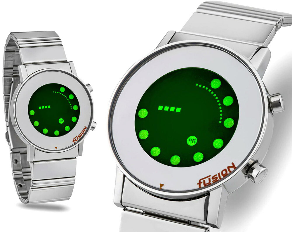 未来系LED腕時計 メンズウォッチレディースデジタルウォッチ時計の概念をリセットしたシルバーケース ナチュラルLCD グリーンLEDメタルバンドベルト ユニセックス核融合炉の回路図 インターフェイスデザイン