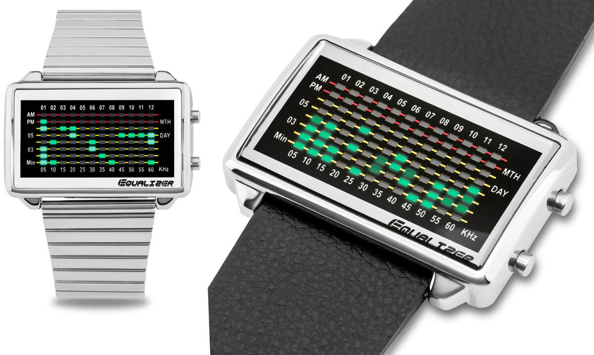 楽天kaminorth未来系LED腕時計 メンズウォッチレディースデジタルウォッチ時計の概念をリセットしたシルバーケース ブラックケース グリーンLCDブラックレザーベルト メタルバンドベルト ユニセックスイコライザーディスプレイ インターフェイスデザイン