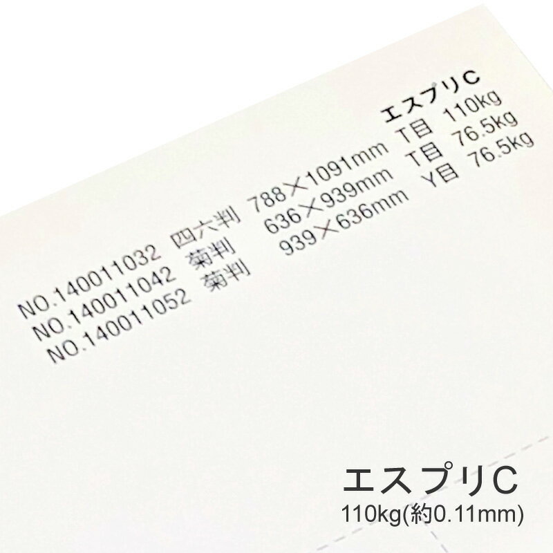 製品仕様 商品名 エスプリC&#8195;&lt;180kg&gt; メーカー名 特種東海製紙 サイズ展開 全4サイズ展開 プルダウンにてお選びください。 ・A3(420mmx297mm) ・A4(297mmx210mm) ・B4(364mmx257mm) ・B5(257mmx182mm) 厚さ 180kg(約0.20mm) 商品説明 コート紙をベースとしたキャストコート紙 コート紙をベースとしたキャストコート紙です。 裏面の印刷効果もすばらしく、そのバランスの良さを是非お確かめください。 雑誌表紙、カタログ、写真集、高級宣伝物関係におすすめします。 印刷適正 インクジェットプリンタ：X インクの吸収が悪いのでおすすめできません。 レーザープリンタ：〇 トナーの乗りも良く印刷可能です。 ご注意事項 特殊紙・ファンシーペーパーは、基本的にインクジェットプリンタやレーザープリンタ出力を想定した設計はされていません。 ただし、それぞれのプリンタで出力できる紙があります。 プリンタの機種やインクの量、紙厚、連続給紙枚数、温度・湿度等の室内環境など、いろんな条件の組み合わせで、うまく出力できない場合があります。 あくまでも目安としてお考えいただき、ご使用の際は必ずテストプリントを行い、ご自身の責任の範囲でご利用いただけますようお願い申し上げます。