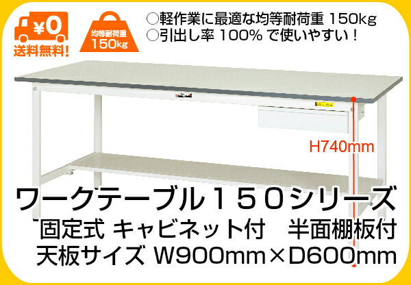 ワークテーブル150シリーズ固定式キャビネット付H740mm半面棚板付