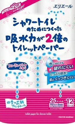 大王製紙　エリエール　シャワートイレのためにつくった吸水力2倍のトイレットペーパー　フラワープリント　12ロール　ダブル　6パック入り　まとめ買い　送料無料