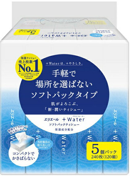 大王製紙　エリエール　＋Water　ソフトパック　240枚（120組）5箱×18パック　保湿ティッシュ　まとめ買い　送料無料