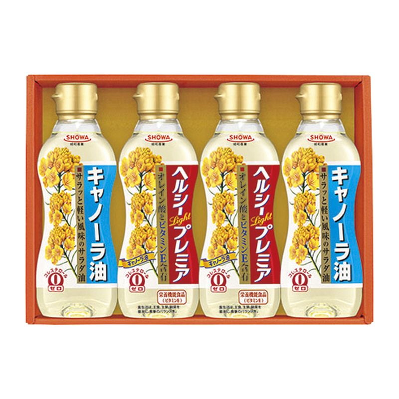 昭和クッキングオイルセットHT-20【シンプルな化粧箱のため、仏事返礼品としてもお使いいただけます】(香典返し/志/満中陰/弔事/会葬御礼/法要/法事/忌明け/四十九日/一周忌/三回忌/法要/偲び草/粗供養/初盆/供物/お供え)【セールスポイント】限定品種のなたねを配合し、ビタミンEを豊富に含むヘルシープレミアと、サラッと軽いキャノーラ油の詰め合わせです。【パッケージサイズ】300×55×210mm【内容】キャノーラ油300g×2、ヘルシープレミア300g×2【生産国】日本【パッケージ形態】化粧箱入【保存方法】常温【賞味期限】製造日より約540日