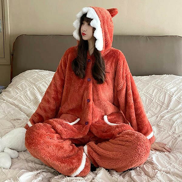 佳納 インテリア&オフィスのもこもこパジャマ ナイトガウン レディース サメ柄 冬 かわいい 上下ゼット 長袖 ルームウェア フード付き 着る毛布 もこもこ パジャマ 部屋着 寝間着 韓国 前開き ふわふわ おうち時間｜アングル3