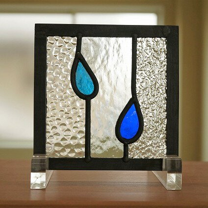 ステンドグラス パネル 住宅用 網 しずく ブルー 12cm×12cm　【ステンド 室内窓 壁埋め込み 雨 小窓 明..