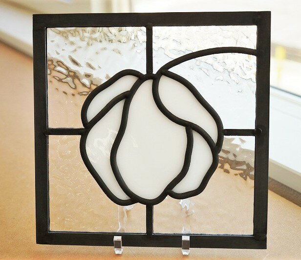 ステンドグラス パネル 住宅用 白い花 18cm×18cm　【ステンド 室内窓 壁埋め込み スクエア 小窓 アンテ..