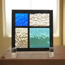 ステンドグラス パネル 住宅用 4つのガラス 格子 ブルー×水色×クリア4種のガラス 12cm×12cm 【ステンド 室内窓 壁埋め込み 小窓 スクエア 青 パ...