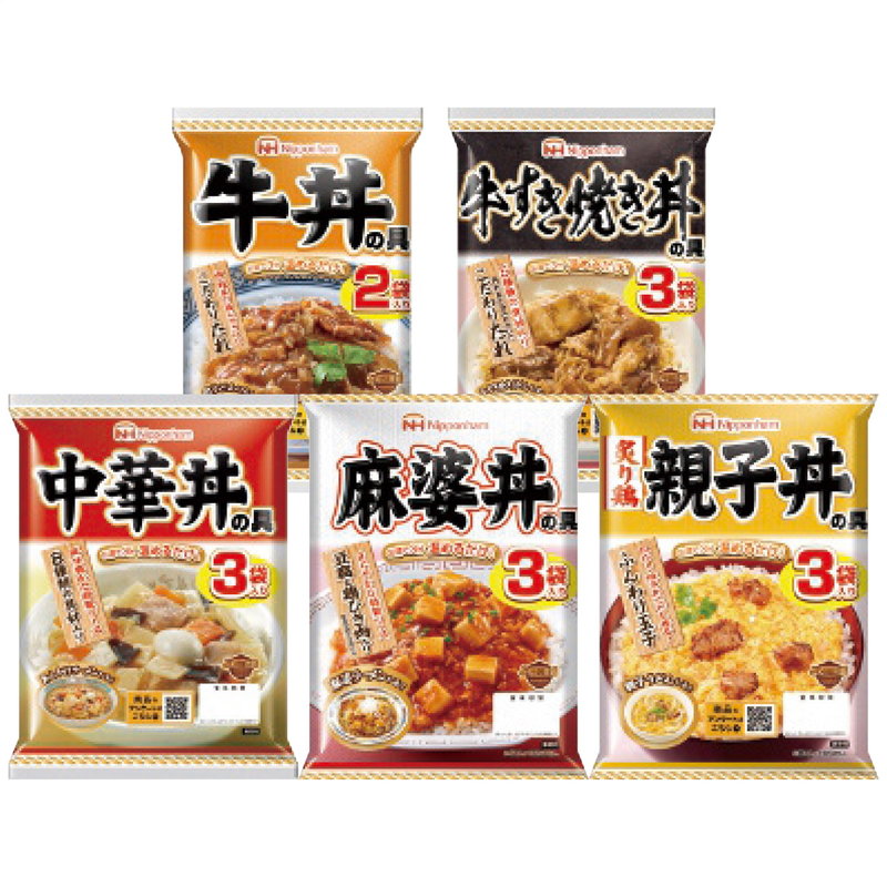 ■商品説明 5種のどんぶりが手軽に召し上がれるレトルトセットです。 ■商品詳細 製造生産地：日本製 内容：牛丼の具240g(2食入)・牛すき焼き丼の具285g(3食入)・中華丼の具414g(3食入)・麻婆丼の具420g(3食入)・親子丼の具480g(3食入)各1個 賞味期間：製造日より常温約360日 アレルゲン：卵・乳成分・小麦・牛肉・ごま・大豆・鶏肉・豚肉・りんご・ゼラチン 重さ：2139g
