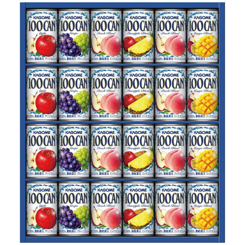 ■商品説明 果実のおいしさが活きている100%フルーツジュースのベストセラー「KAGOME100CAN」の詰め合わせです。 ■商品詳細 製造生産地：日本製 賞味期間：製造日より常温約540日 アレルゲン：もも・りんご 重さ：4900g