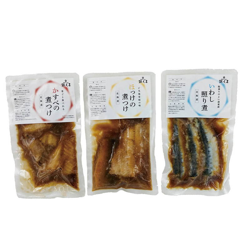 ■商品説明 身がふわふわで骨までおいしくお召し上がりいただける煮つけ3種セットです。レトルト加工ではなく低温調理で中までしっかり煮込みました。 湯せんまたは解凍後レンジで簡単に召し上がりいただけます。 ■商品詳細 内容：かすべ煮つけ180g×1、ほっけ煮つけ2切れ×1、いわしの照り煮3切れ×1 製造生産地：北海道加工 賞味期間：冷凍360日 アレルゲン(28品目)：小麦・大豆 重さ：約800g お歳暮/御歳暮/お中元/御中元/お年賀/御年賀/残暑見舞い/出産祝い/クリスマス/誕生日/プレゼント/母の日/父の日/敬老の日/全快祝い/快気祝い/引越し祝い/ご挨拶/御礼/お礼/お返し/お祝い返し/入学祝い/合格祝い/進学祝い/卒業記念品/卒業祝い/結婚祝い/出産祝い/開店祝い/贈答品/粗品/記念品/景品