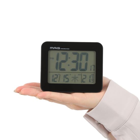 目覚まし時計 電波時計 小型 卓上置き時計 デジタル表示 電子音アラーム ライト カレンダー 温度計付き ブラック