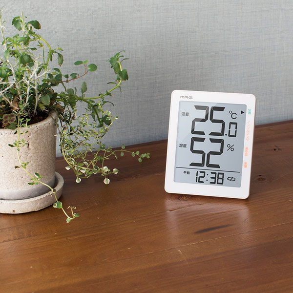 温湿度計 デジタル 卓上置き型 壁掛け兼用 時計表示 インフルエンザ 熱中症 乾燥 環境目安表示