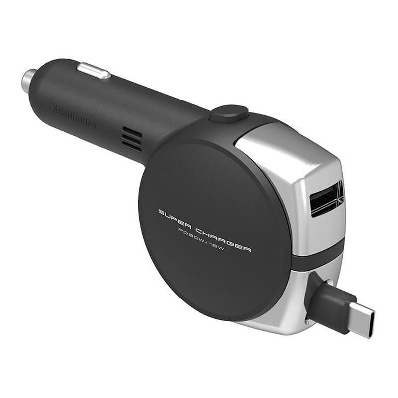 DC充電器 シガーソケット Type-C リール 巻取り式 USB充電ケーブル 急速充電 PD30W+18W Type-A 1ポート..