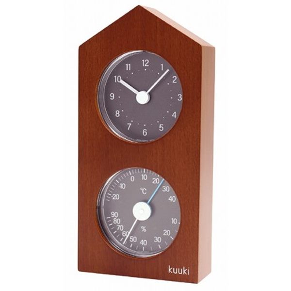 温湿度計 置き時計 空気計 くうき 時計台モチーフ おしゃれ 天然木 ブナ材フレーム ブラウン