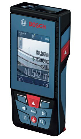 ボッシュ BOSCH データ転送レーザー距離計 GLM100-25C ■特長 ・データ転送レーザー距離計 ・8倍ズームファインダーで屋外測定が可能 ・大きく見やすい2.8インチカラー液晶画面 ・スマートフォン、タブレットPCに連動！ ・最大測定距離100m ・距離と角度の同時測定でピタゴラス測定も超カンタン！ ■仕様 光源：レーザーダイオード 波長：650nm 出力：1mW以下（クラス2） レーザー光径：約9mm（測定距離10m、周辺気温25℃の場合） 測定可能範囲：距離測定：0.08 〜 100m / 傾斜測定：0〜360° 最小測定単位：距離測定：0.5mm / 傾斜測定：0.1° 測定精度※：距離測定：±1.5mm / 傾斜測定：±0.2° 使用温度範囲：-10℃〜+45℃ 保管温度範囲：-20℃〜+70℃ 電源：単3アルカリ電池 X 3本 自動スイッチオフ：約2分、約5分、約10分、無し（選択可能） データ転送：Bluetooth?4.2 質量：0.23kg（乾電池含む）　 防塵・防水性能：IP54（電池収納部を除く） ※測定に不利な環境下（強い太陽光の下や反射の弱い測定対象表面の場合など）では、±0.15/m、また好環境下でも±0.05/m精度が悪くなることがあります。ボッシュ BOSCH データ転送レーザー距離計 GLM100-25C