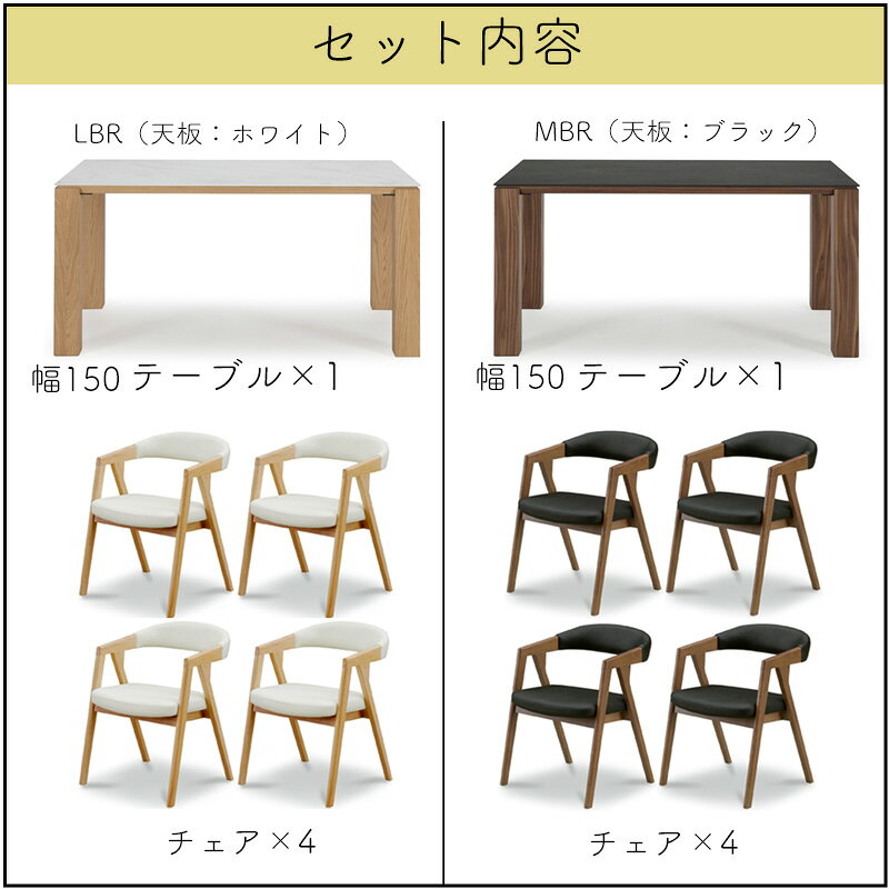 【開梱設置付き】5点セット ダイニングテーブル 幅150cm セラミック 4人掛け テーブル チェア ホワイト ブラック 椅子 PVC レザー 合成皮革 食卓 モダン 北欧 おしゃれ 白 黒 長方形 傷 汚れに強い シギヤマ BURK ブルク 150テーブル LBR MBR + チェア×4脚 [2]