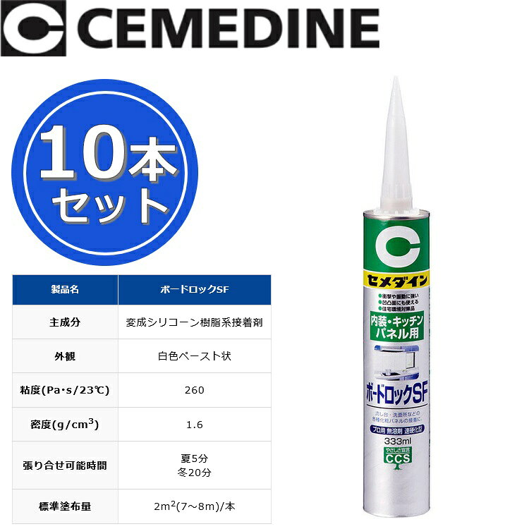 【納期未定について】 中東情勢によりメーカー長期欠品中(月単位)となっております。 お手配は可能ですが、納期が確定するまでお日にちを要します。 予めご了承の上、ご注文願います。 お急ぎの場合は在庫でお持ちの店舗様よりご購入願います。 特長 ボードテープとの組み合わせで使用(HS工法) 速硬化タイプ 用途 メラミン化粧板×石膏ボード 各種ボードと下地の接着 ※写真はメーカーカタログ掲載の代表写真を利用しております。 　本商品の写真とは限りません。 ※商品のお問い合わせは下記よりお願いいたします。 【セメダイン ご相談窓口】 　電話：0120-58-4929 　平日10：00〜12：00、13:00〜17:00