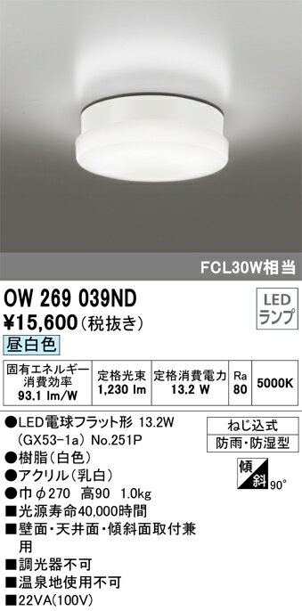 オーデリック　OW269039ND　防雨型LEDシーリング Σ[X]