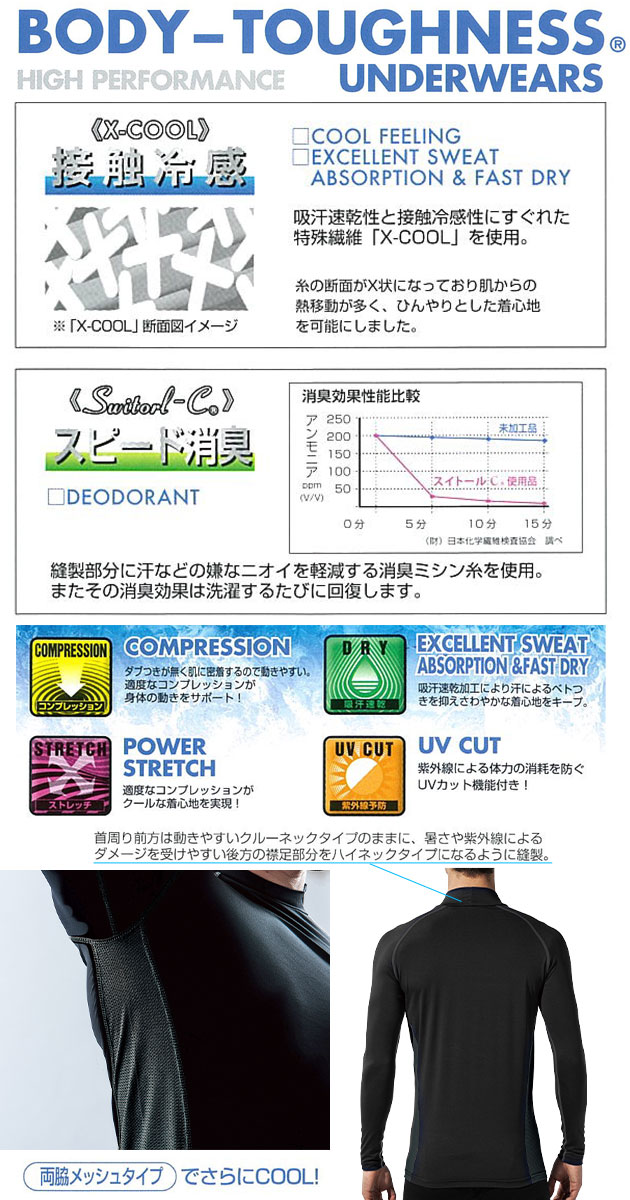 作業着 作業服 インナー 夏 長袖 冷感 ハイネック メンズ 吸汗速乾 ストレッチ 消...