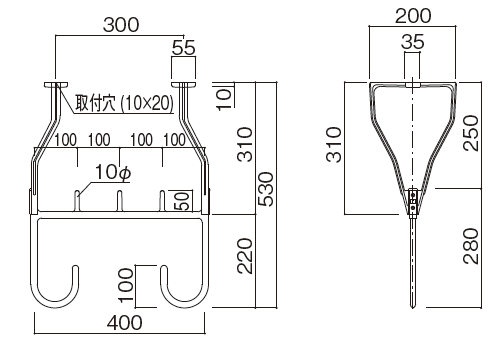 神栄ホームクリエイト （旧：新協和）　バルコニー物干金物 （固定型）　SK−4053A型　H＝530ミリ ×1本 アルミ製 ホワイトクリーム色