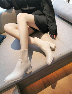 ショートブーツ ソックスブーツ レディース 秋冬 PUブーツ ヒール6cm 靴下ブーツ チャンキーヒール 大きいサイズ 美脚 厚底 疲れない 安定感 歩きやすい シューズ ポインテッドトゥ レディース靴 ストレッチブーツ ストレッチ おしゃれ ニット 履きやすい