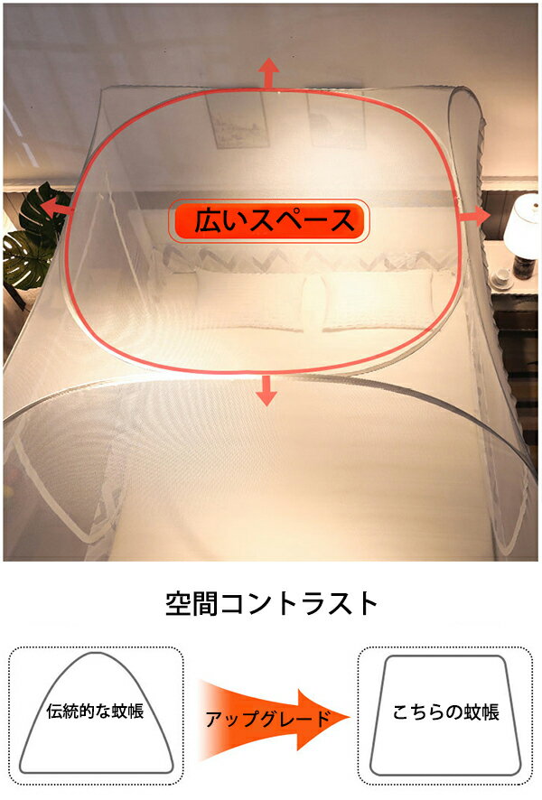 折りたたみ式蚊帳ファスナー付き蚊対策に虫刺され防止防虫キャンプ式底生地付きワンタッチモスキートネットベビー大人兼用ゆったり広いハエ対策シングルダブルベッド用ムカデ対策収納便利持ち運び便利ドーム蚊帳カーテン帰省