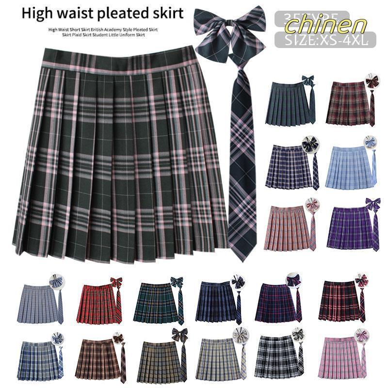 制服 学生制服スカート 3点セット 蝶結び+ネクタイ+スカート35タイプ チェック柄プリーツスカート(スクール・制服) 女子高生スカート レディース 高校生