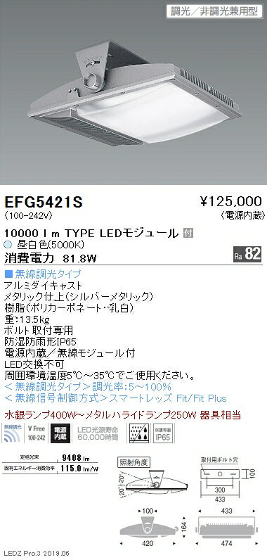 遠藤照明 高天井用照明 防湿防塵シーリングライト 10000lmTYPE 5000K(昼白色) EFG5421S グレアレスダウンライト/ベースダウンライト/ユニバーサルダウンライト/スポットライト/デザインベースライト/スクエアベースライト/間接照明/フロアスタンド/高天井照明