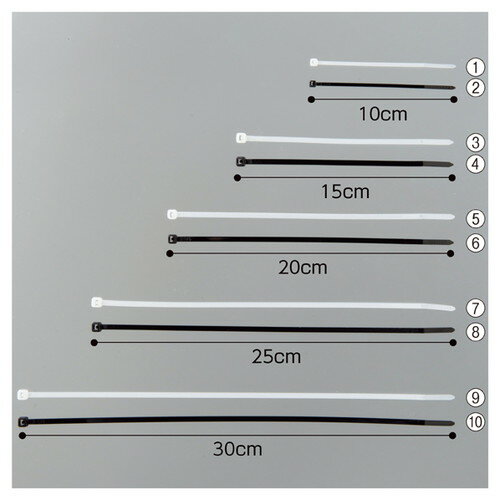 OAケーブルなど配線のまとめに。(2)(4)(6)(8)(10)黒色は、屋外でもご使用いただけます。便利なファスナー付き袋入り。素材:ナイロンサイズ (1)(2)10cm (3)(4)15cm (5)(6)20cm (7)(8)25cm (9)(10)30cm(1)(2)2.5mm幅(3)〜(10)3.6mm幅組立不要店舗運営用品 オフィス備品 事務所備品 事務備品 デスク備品 事務用備品 消耗品 消耗品備品 備品消耗品 消耗備品