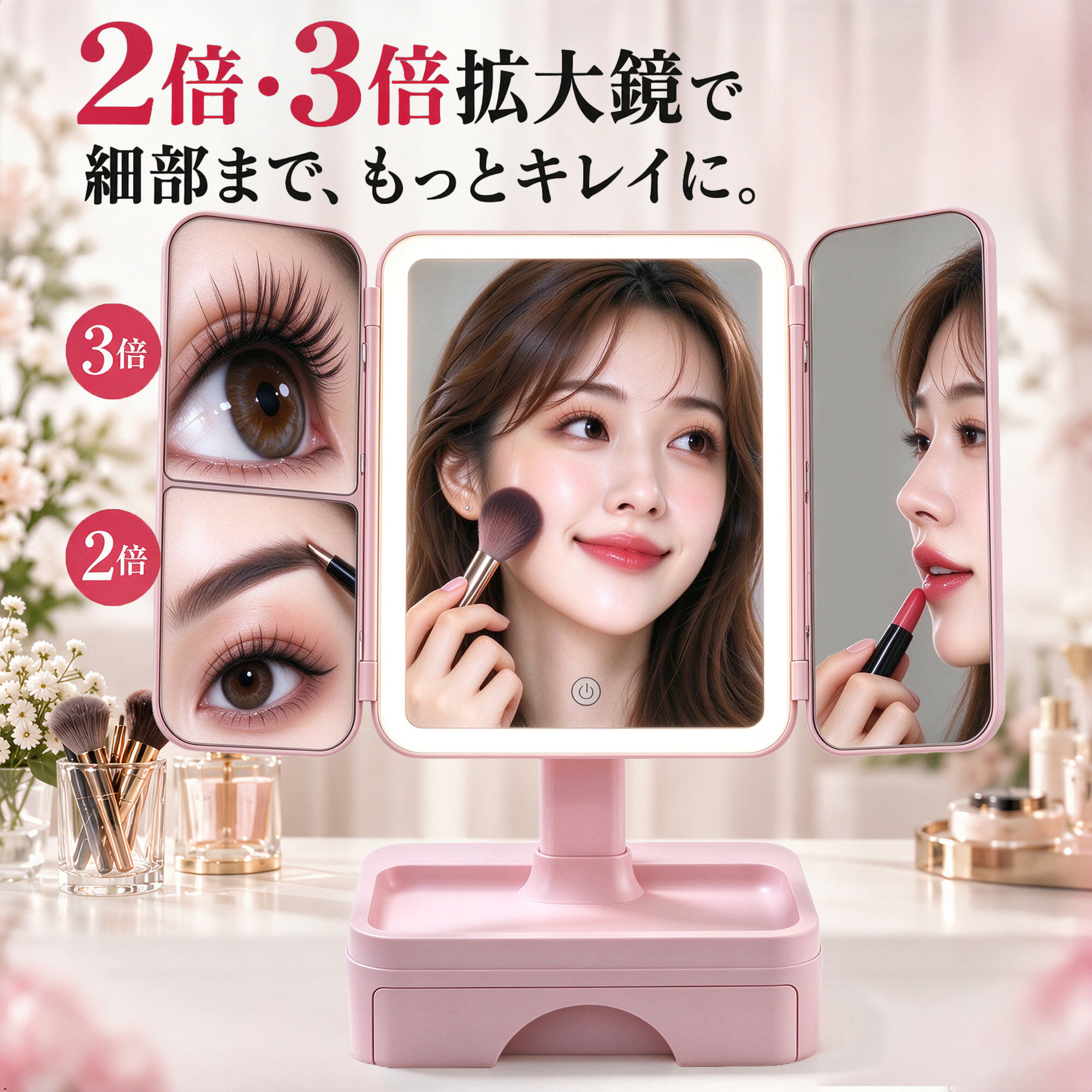 Actress-style LED-lit, three-way tabletop mirror with 180° left/right and 270° forward/backward angle adjustment, 2x and 3x magnification, 3 color temperature settings, stepless brightness adjustment, drawer storage, foldable, USB rechargeable, makeup mirror, pink.Gift Giving present