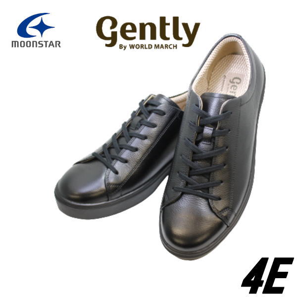 Gently ジェントリー ワールドマーチ新ブランド ビジネス カジュアルシューズ GE107 VG 黒 ブラック 4E 紳士靴 幅広甲高 靴 ワイド ムーンスター社 ビジネススニーカー 本革 レザー スニーカー 地面から4cm×8時間防水 撥水加工 消臭機能 高耐摩耗性
